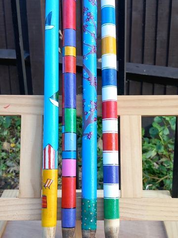 4 x Wooden cricket stumps beach scene, patterned and abstract tree