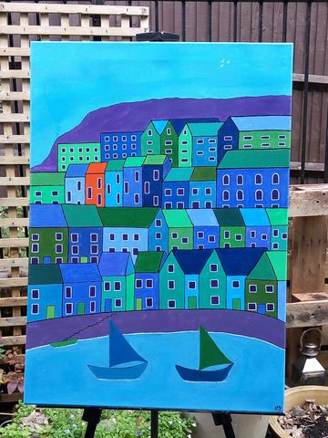 large canvas with blue & green houses