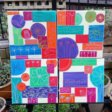 4 square canvases covered in multi coloured abstract patterns