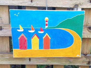 Small canvas, 3 beach huts by the sea