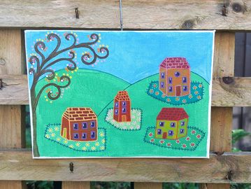 Small canvas with houses , naïve art 