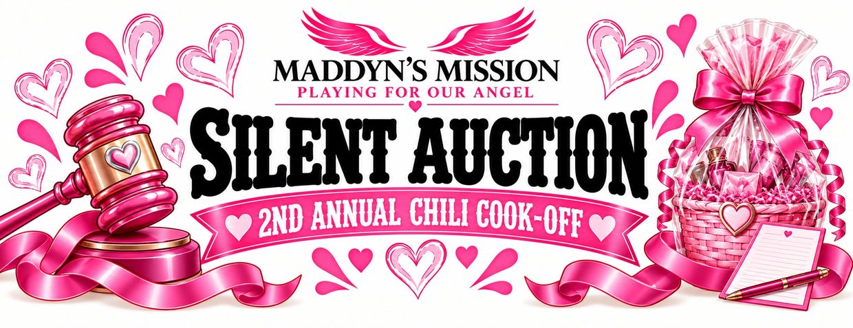 Banner for Maddyn's Mission silent auction and chili cook-off event.