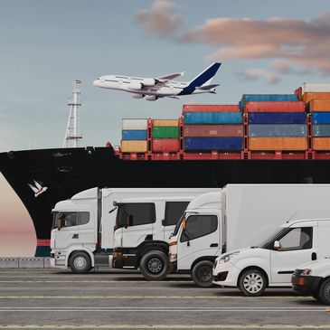 Various transportation modes including trucks, vans, a cargo ship, and an airplane at sunset.