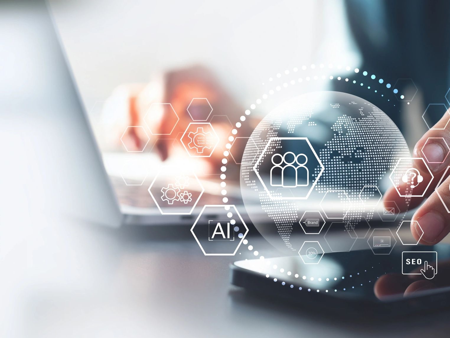 Person interacting with digital AI and SEO icons over a smartphone and laptop.