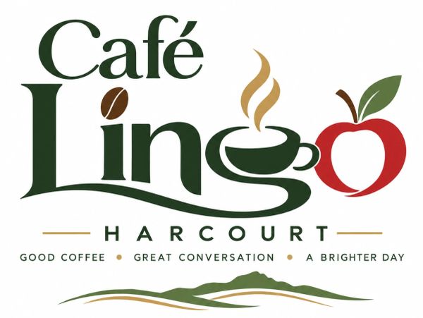 Café Lingo Harcourt logo with coffee cup and apple design.
