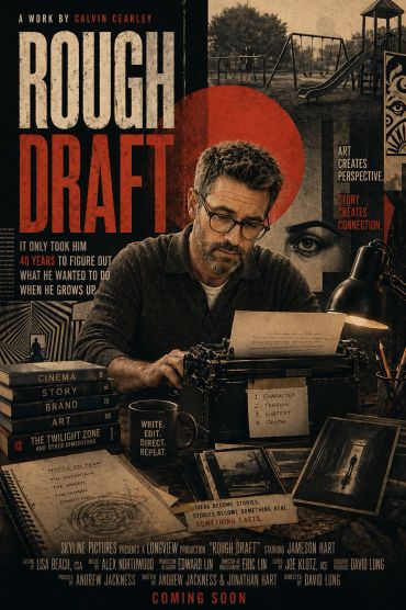 A man types at a vintage typewriter, surrounded by books and papers, in a moody, artistic setting.