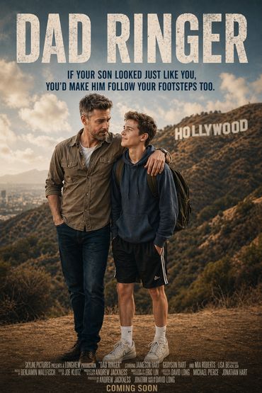 Father and son share a moment with Hollywood sign in the background.