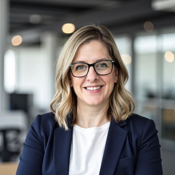 Smiling woman with glasses in a business setting.