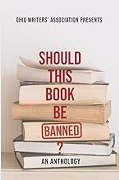 Stack of books with the title questioning book banning.