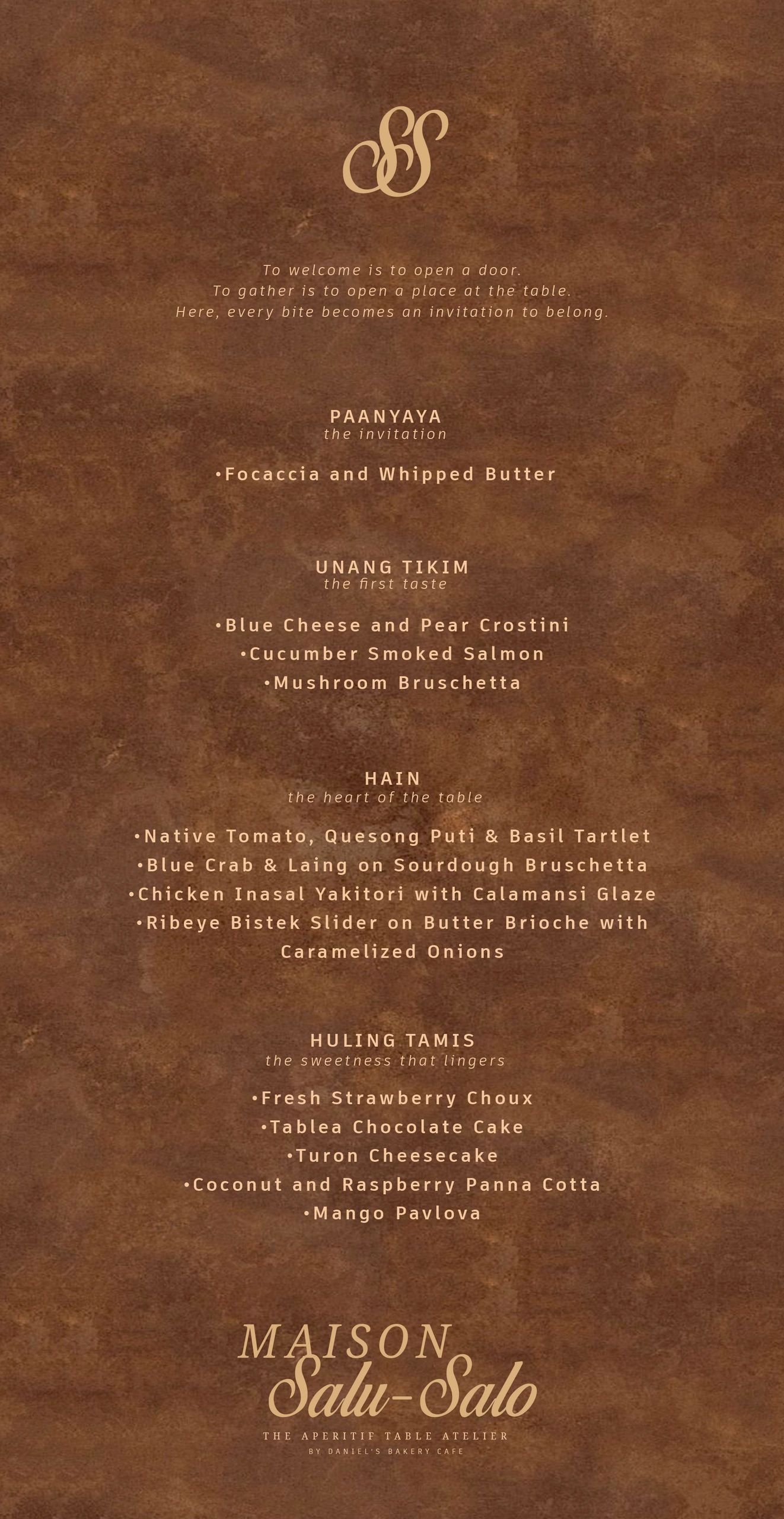 Menu of Maison Salu-Salo's aperitif table.