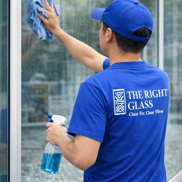 Worker cleaning glass window with spray and cloth.