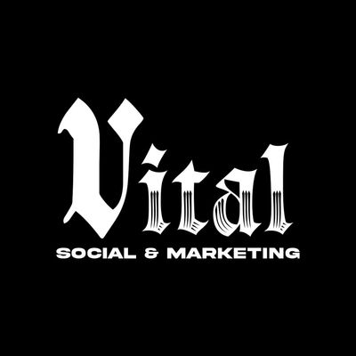 Logo of Vital Social &amp; Marketing in bold gothic font on black background.