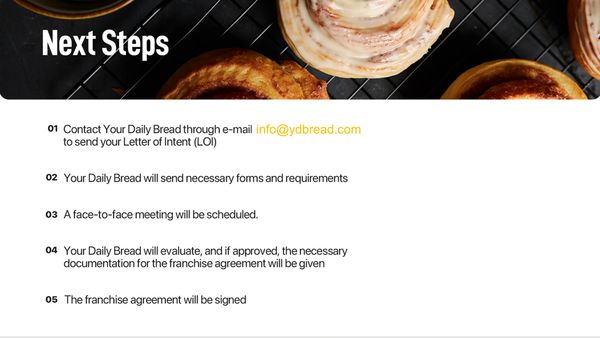 Step-by-step franchise application process with cinnamon rolls in the background.