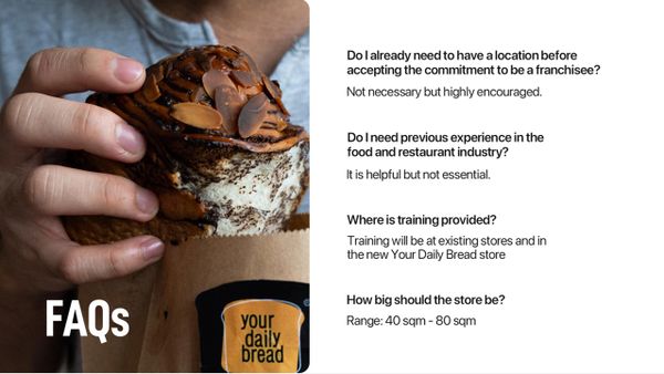 Person holding a chocolate almond cupcake with FAQs about Your Daily Bread franchise.