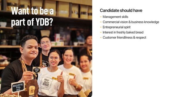 Group of smiling bakery staff inviting to join YDB with candidate requirements listed.
