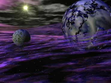Two planets with purple clouds in space.