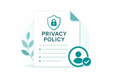 Privacy policy document with user verification icon.