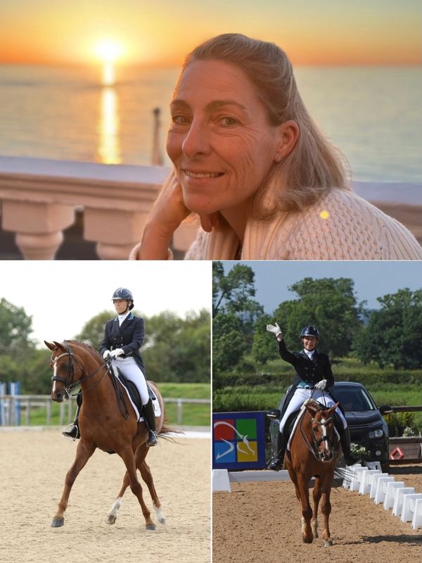 Woman smiling by the sea and riding a horse in a dressage competition.