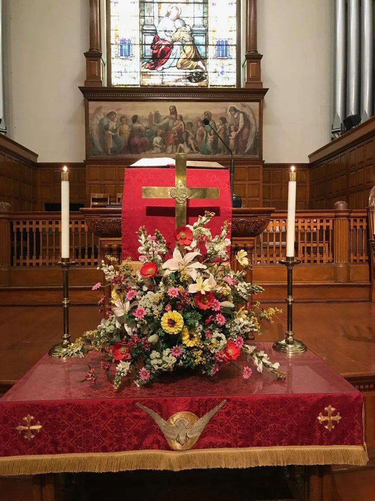 Altar with Red and Gold Paraments set for Pentecost