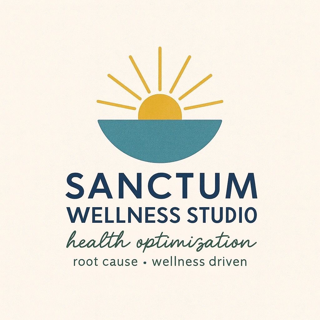 Logo of Sanctum Wellness Studio with sun and sea graphic.