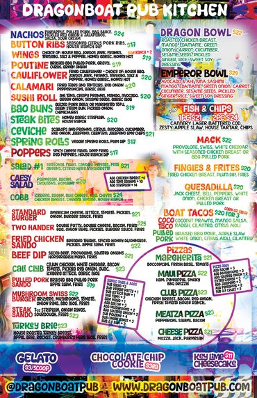 Wings, Nachos, Salads, Pizzas, Dessert, Fish and Chips, Burgers, Tacos, Mack and Cheese, Rice Bowls