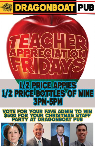 Teacher Appreciation Fridays are back! 1/2 price bottles of wine and 1/2 price apps from 3pm to 5pm