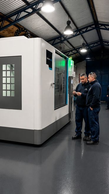 Dos hombres junto a una máquina industrial en una fábrica.