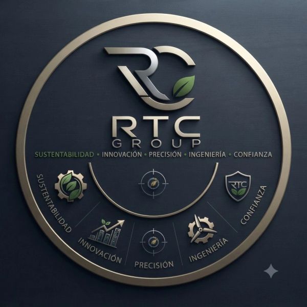 Logotipo metálico de RTC Group con sus valores clave.