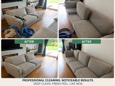 Before and after images of a professionally cleaned gray couch in south Bretton Peterborough