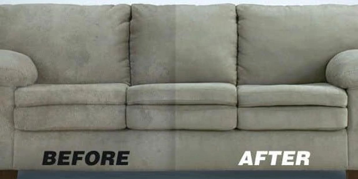Picture of before and after cleaning of a suede 3 seater sofa