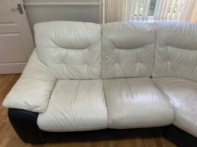 before and after cleaning of a leather sofa 
