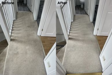 Before and after carpet cleaning in a hallway showing noticeable stain removal.