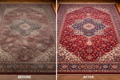 “Before and after professional rug cleaning service in Peterborough restoring heavily soiled Persian