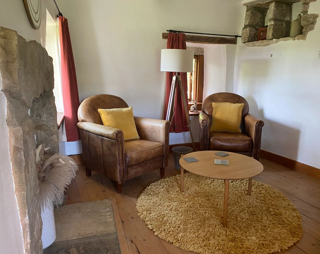 Cozy corner with leather chairs and a round rug.