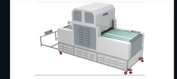 Industrial packaging machine with conveyor belt and protective enclosure.