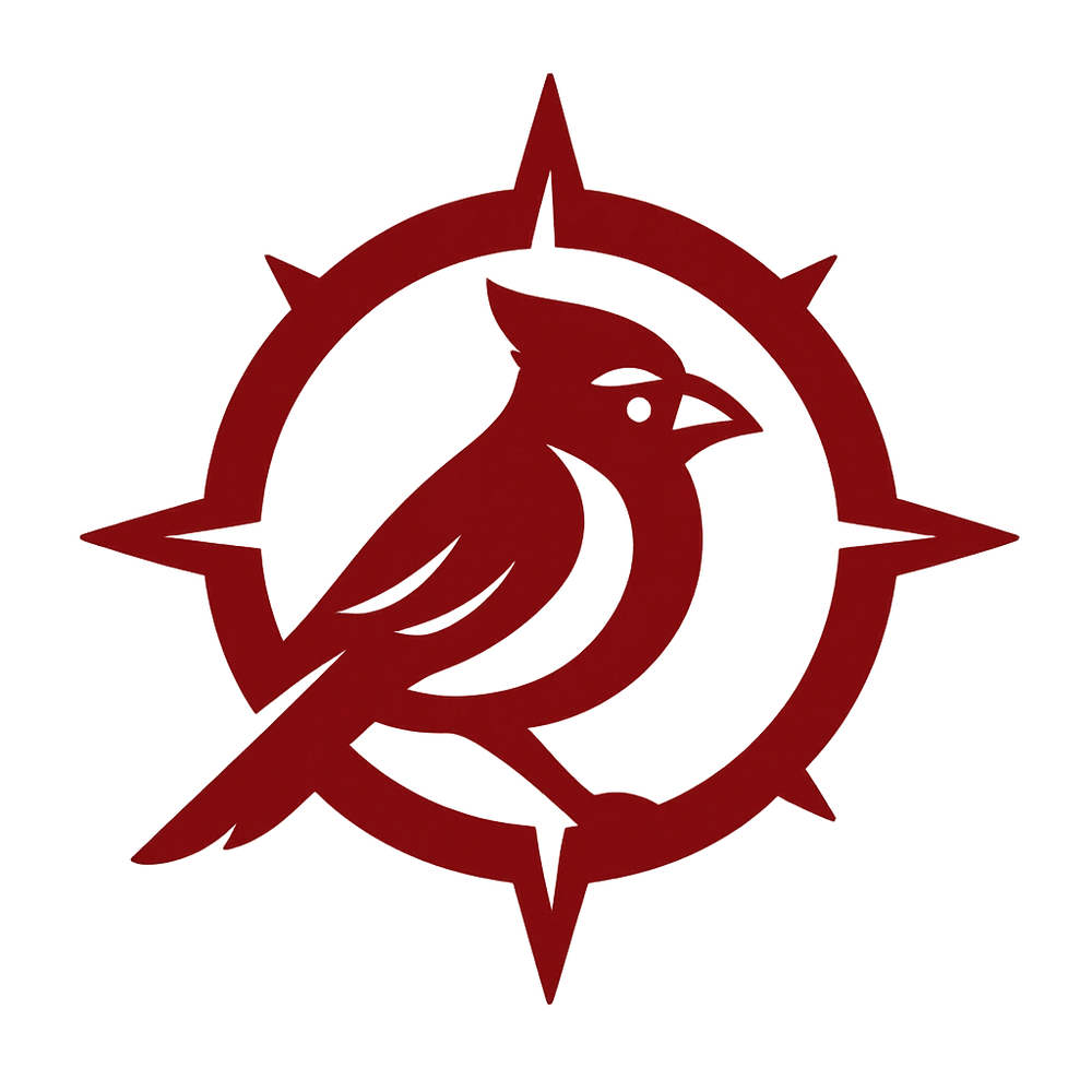 Red cardinal bird silhouette inside a spiked circular frame.