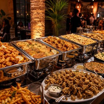 Buffet with diverse hot dishes in chafing trays.