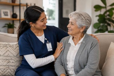 Caregiver supporting an older adult with compassion, dignity, and trust in a comfortable home settin