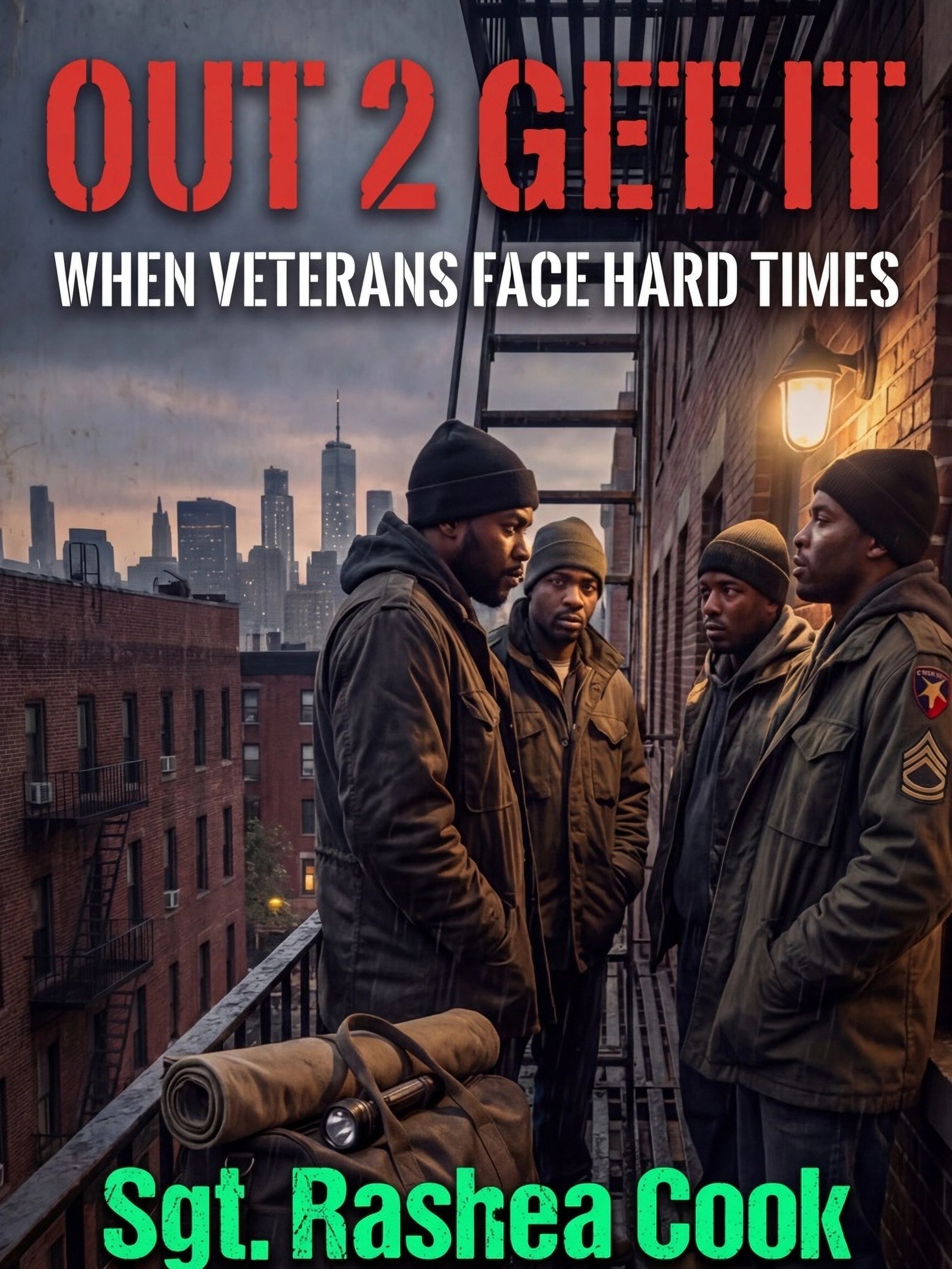Four veterans in winter clothing stand on a fire escape against a city skyline at dusk.