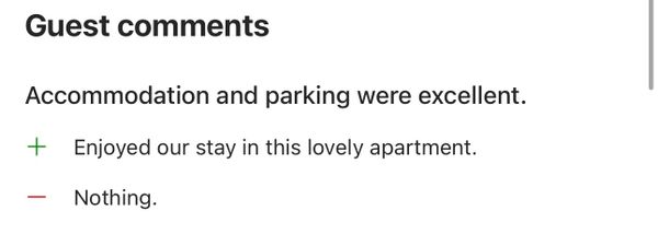 Guest comments praise excellent accommodation and parking with no negatives.
