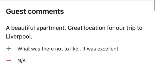 Guest review praising a Liverpool apartment's location and quality.