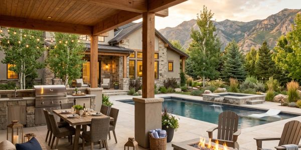 Luxury outdoor living space showcasing custom residential construction and mountain home design in Utah.