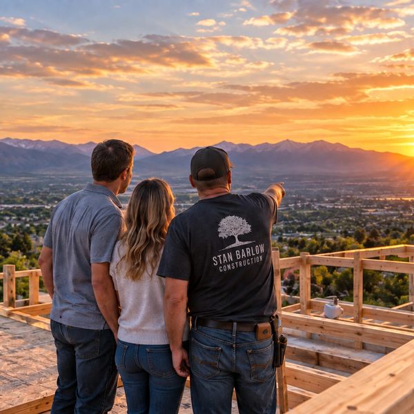 Homeowners reviewing their Utah custom home project with Stan Barlow Construction during construction.