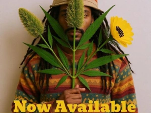 Person holding cannabis leaves and flowers with 'Now Available' text.