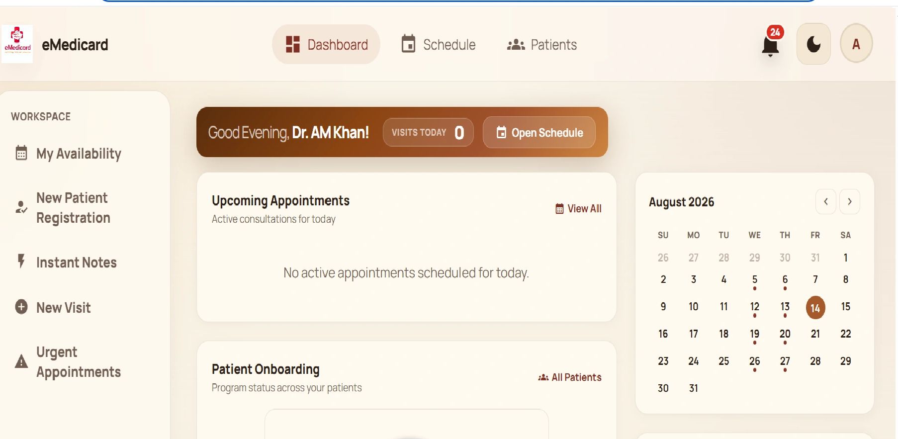 Dashboard of eMedicard for Dr. AM Khan showing no appointments today.
