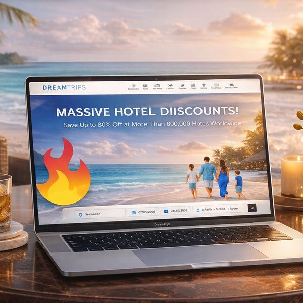 Laptop on a table showing massive hotel discounts on a beautiful beach background.