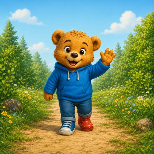 Coco the Little Bear Cub waving while walking on forest path.