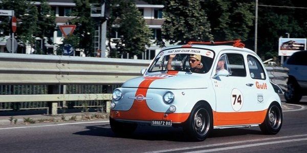 Classic Fiat 500 in gulf livery on the Mille Miglia