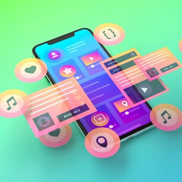 Smartphone with vibrant app interface and floating icons for music, location, and user interaction.