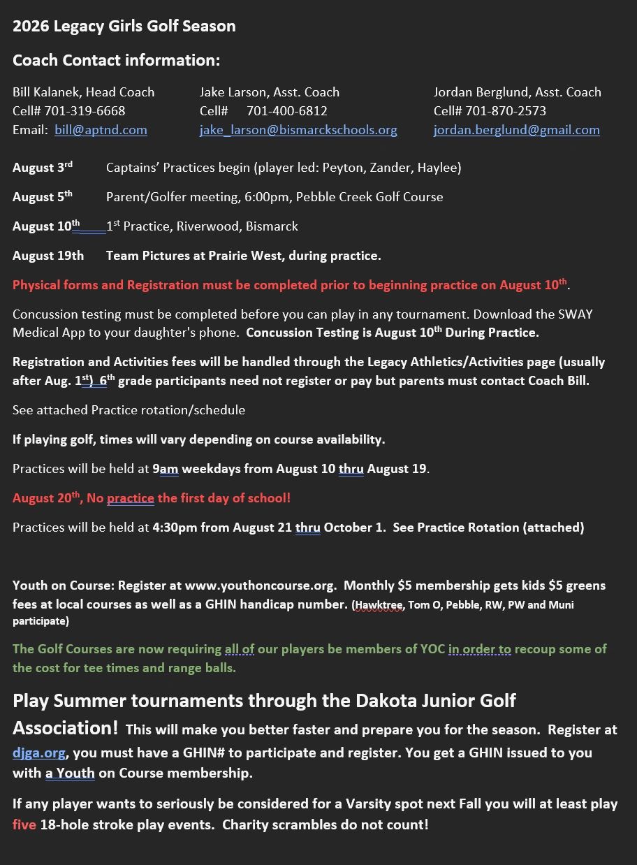 2026 Legacy Girls Golf Season details with coach contacts, practice dates, registration info, and tournament participation.